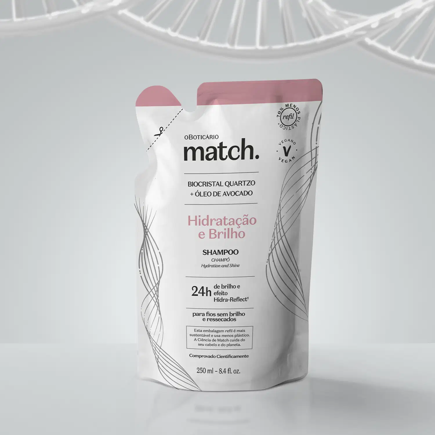 Refil de shampoo Match Hidratação e Brilho em sachê nas cores rosa e branca com letras pretas em fundo cinza.