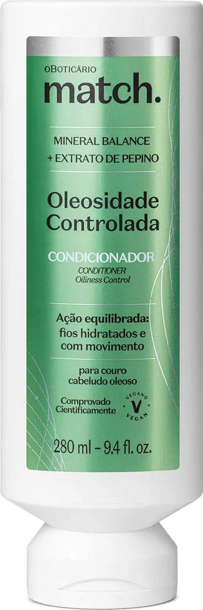 Frasco branco com rótulo verde metalizado e letras pretas e brancas contendo 280ml de condicionador da marca Match Oleosidade Controlada.