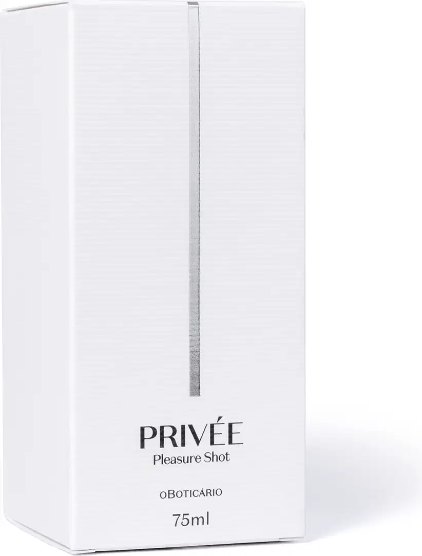 Caixa branca com faixa cinza e letras pretas contendo um vidro de 75ml de Eau de Parfum Privée Pleasure Shot.