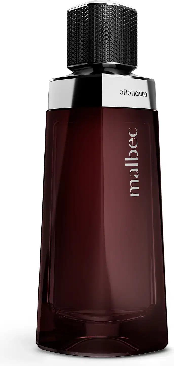Frasco de vidro marrom com design geométrico com tampa preta texturizada de desodorante colônia Malbec e nome da marca gravado em letras brancas.