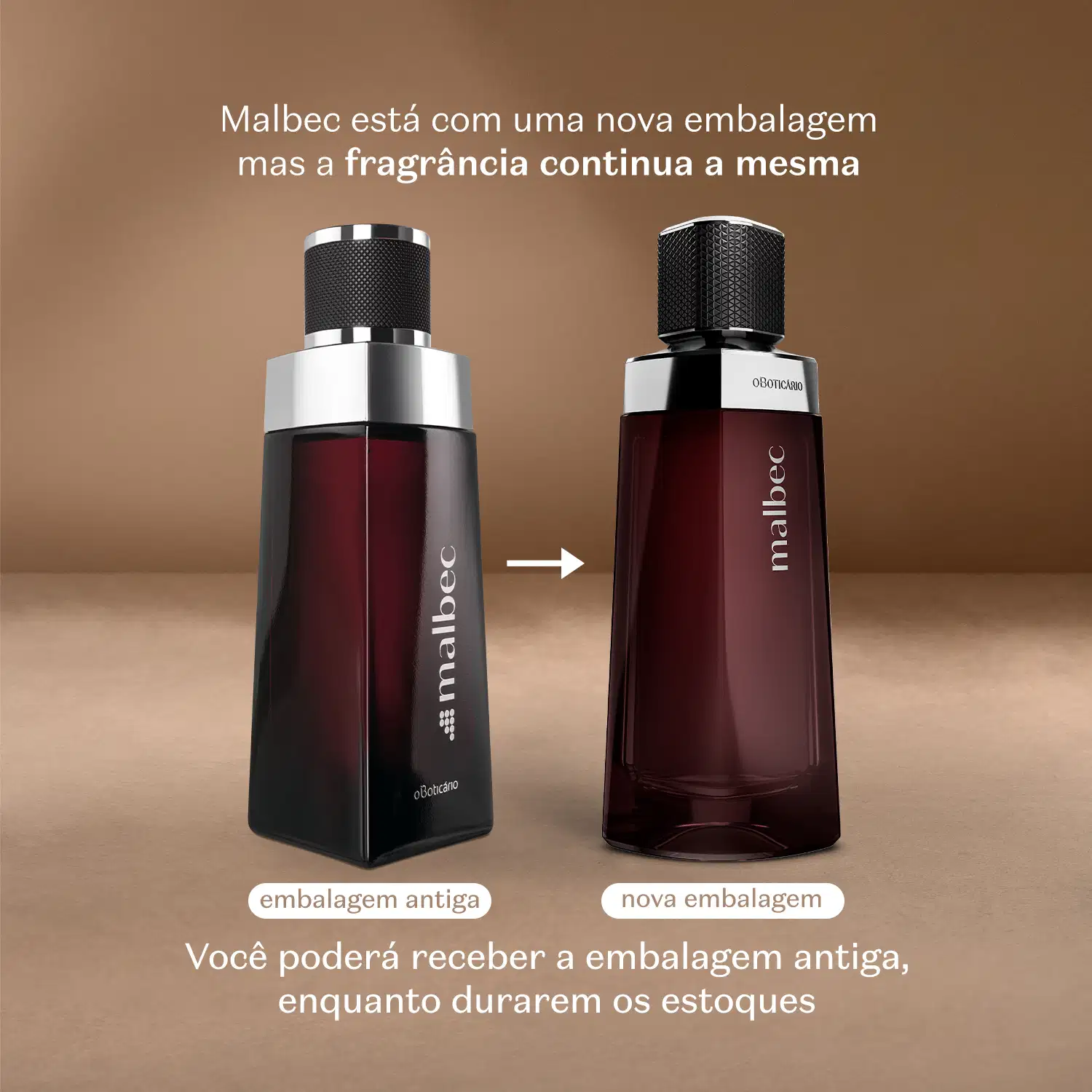 Dois frascos de item de perfumaria Malbec, um com embalagem antiga e outro com nova embalagem, com texto indicando que a embalagem mudou, mas a fragrância continua a mesma e que o consumidor poderá receber a embalagem antiga enquanto durarem os estoques.