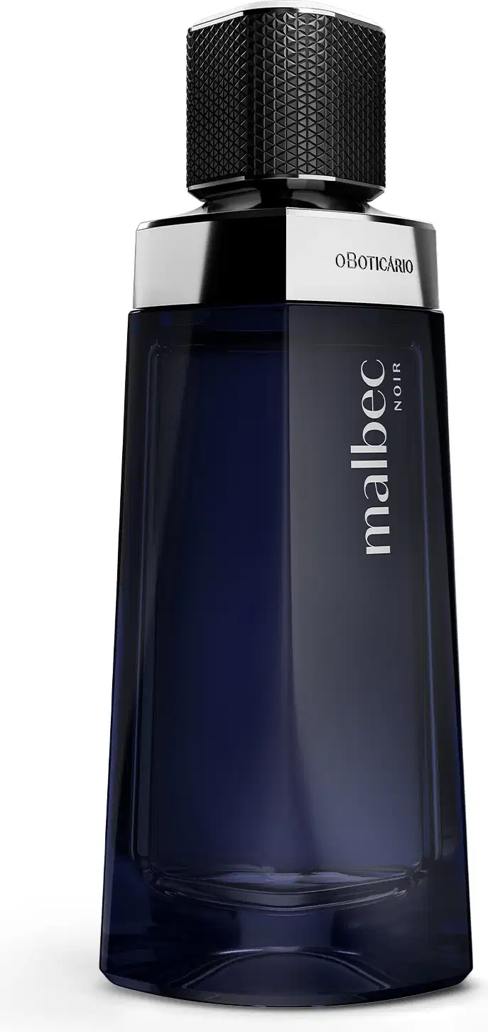 Frasco de fragrância da marca O Boticário Malbec Noir feito de vidro de cor azul escuro, com um design geométrico com tampa texturizada preta com detalhes prateados na base.