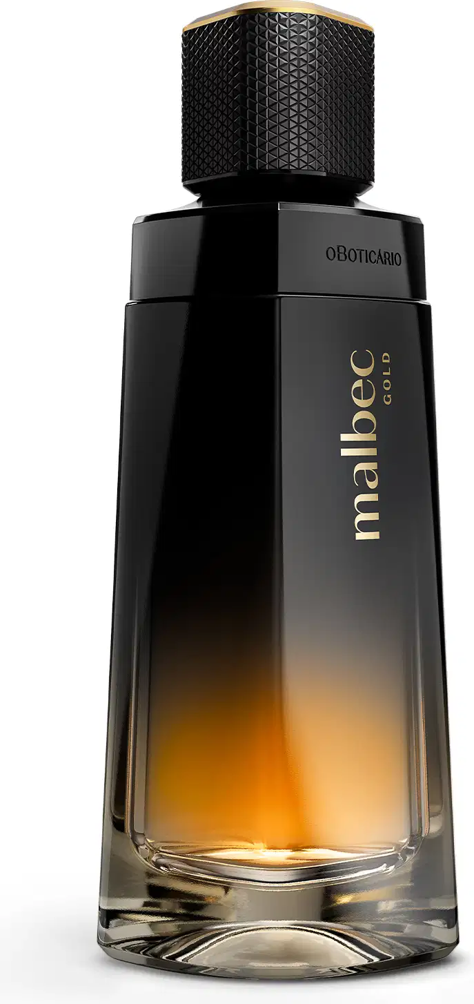 O produto apresentado é uma fragrância Malbec Gold. O frasco é em degradê de preto e dourado, com um design geométrico e tampa texturizada. O nome "Malbec Gold" vem gravado em letras douradas no vidro do produto.