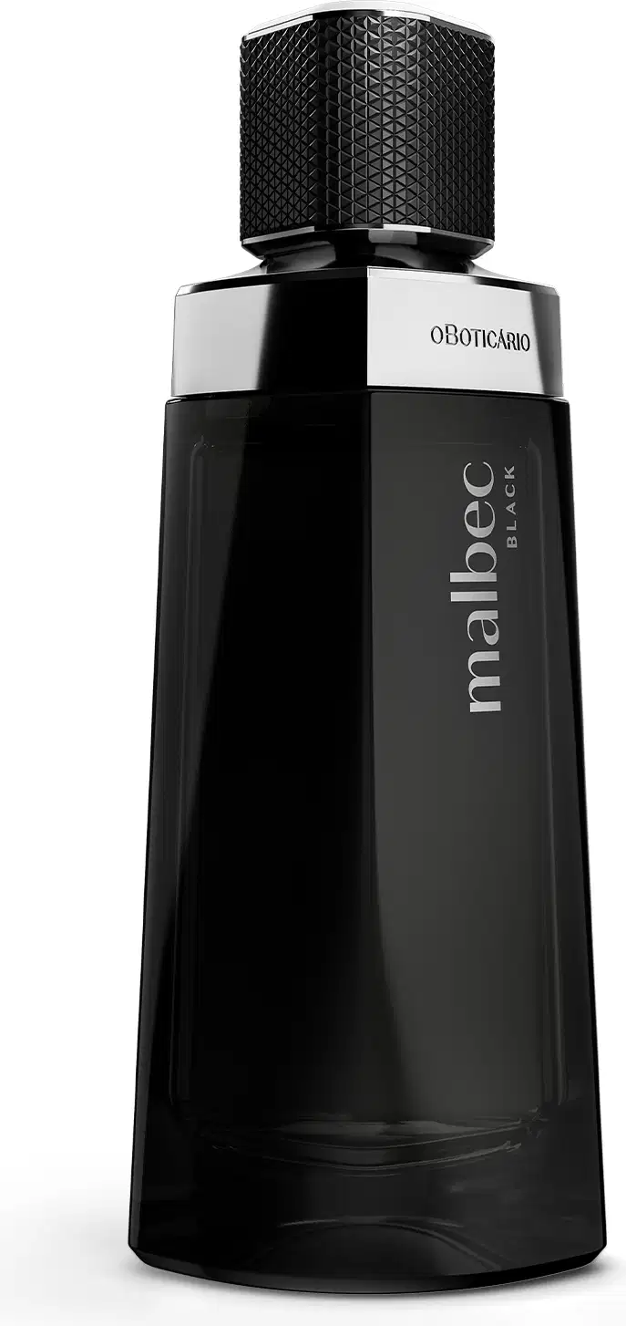 Fragrância da marca Malbec Black. O frasco é predominantemente preto, com um design geométrico e angular. O frasco possui uma tampa preta na parte superior, com um design também geométrico. A embalagem transmite uma imagem elegante e sofisticada.
