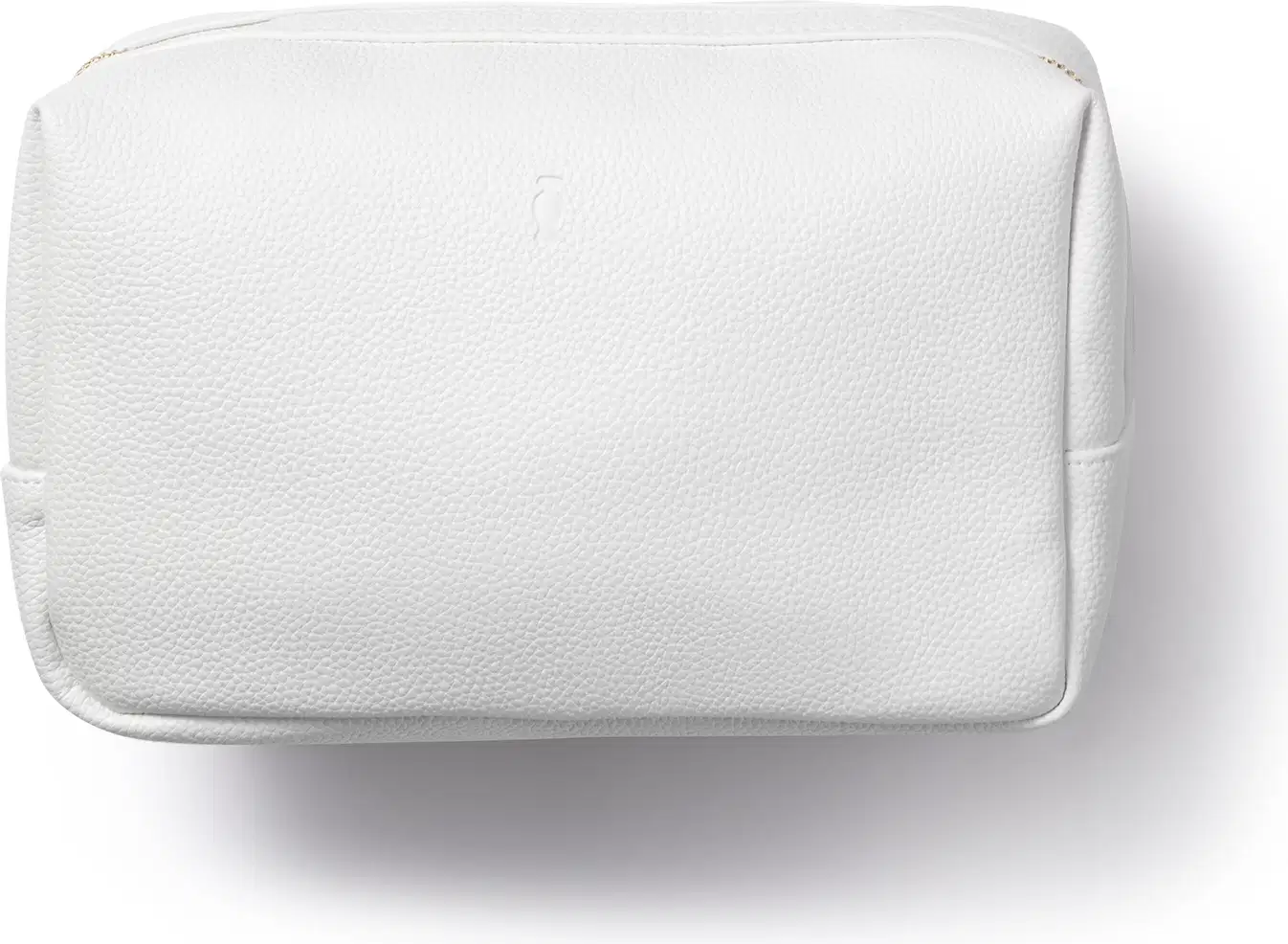 O produto apresentado na imagem é uma bolsa cosmética branca. Trata-se de uma embalagem retangular com zíper, feita de material liso e texturizado. Não há rótulos ou marcas visíveis na superfície da bolsa.