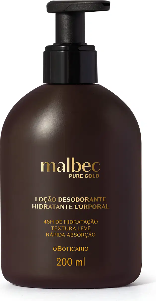 Imagem de frasco de loção desodorante hidratante corporal da marca Malbec, na cor vinho, com bomba dosadora preta e rótulo dourado, contendo 200 ml do produto.