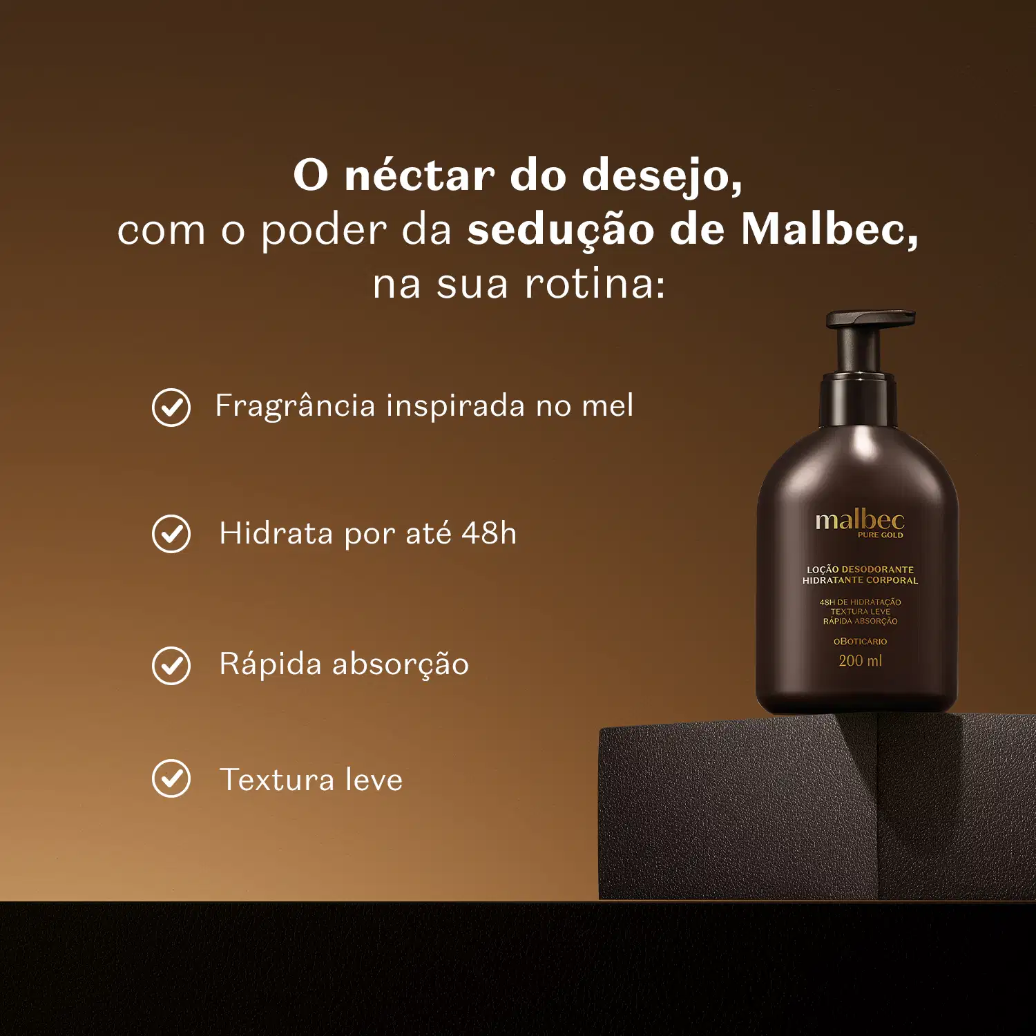 Imagem de um frasco de loção hidratante corporal Malbec sobre superfície escura, com texto descrevendo suas características e benefícios em fundo marrom.