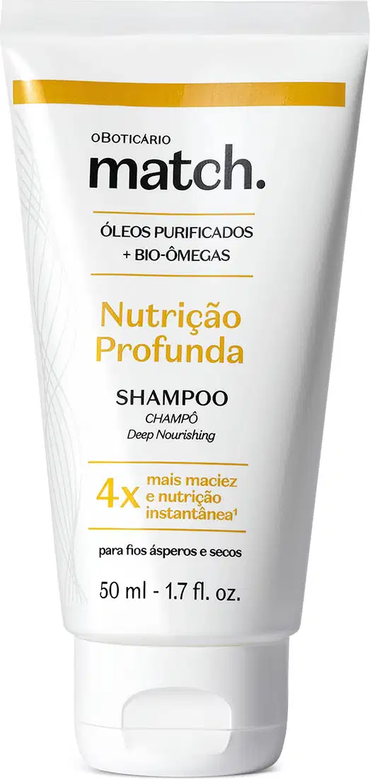 Shampoo em bisnaga branca com pequena faixa amarela na parte superior e texto impresso sinalizando a marca Match e atributos do produto, como "Nutrição Profunda", indicaçã para cabelos ásperos e secos, e informações sobre ativos.