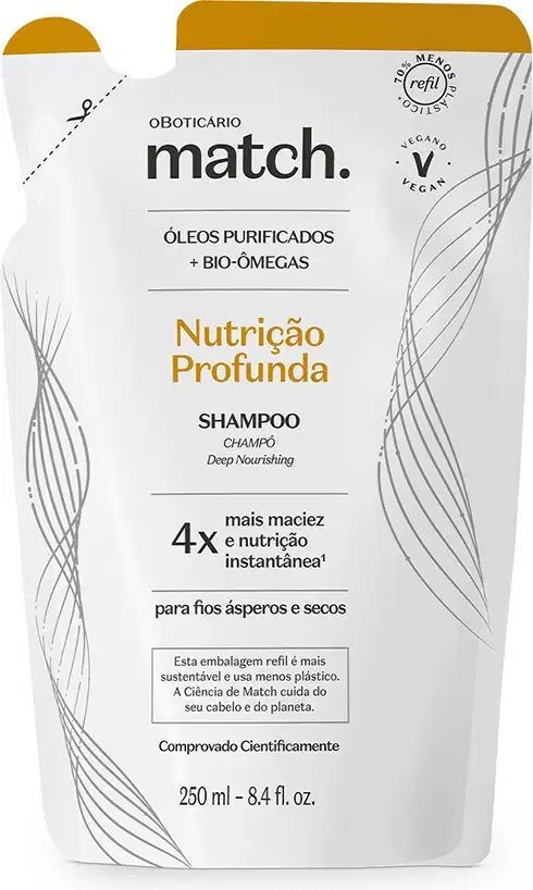 Embalagem de shampoo da marca Match, com 250 ml, em refil com design minimalista em branco e amarelo, destacando os ingredientes purificados e bio-ômegas para nutrição profunda.