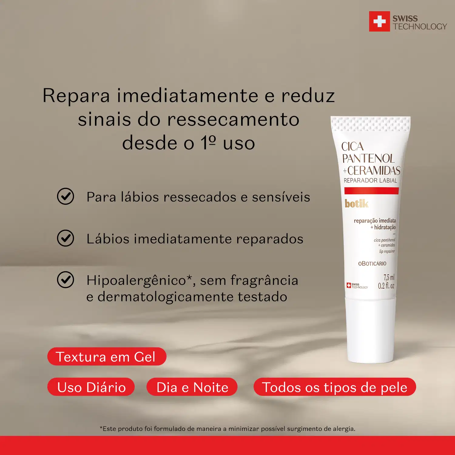 Tubo  branco com detalhe vermelho de reparador labial da marca Botik Cica Pantenol e Ceramidas em primeiro plano, sobre superfície bege com sombras suaves, e texto em letras pretas informando as características e benefícios do produto.