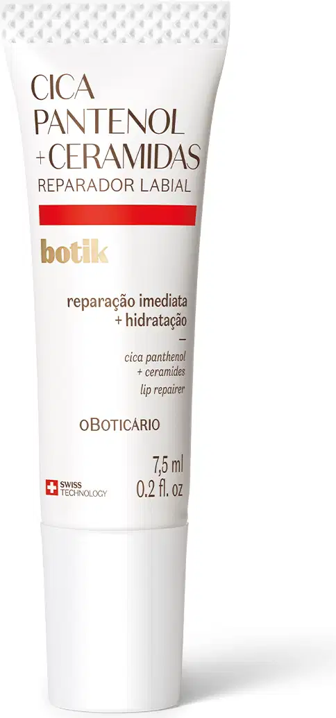 Tubo branco de 7,5g de reparador labial da marca Botik Cica Pantenol e Ceramidas, com detalhe em vermelho contendo os ingredientes Cica, Pantenol e Ceramidas para reparação e hidratação dos lábios.