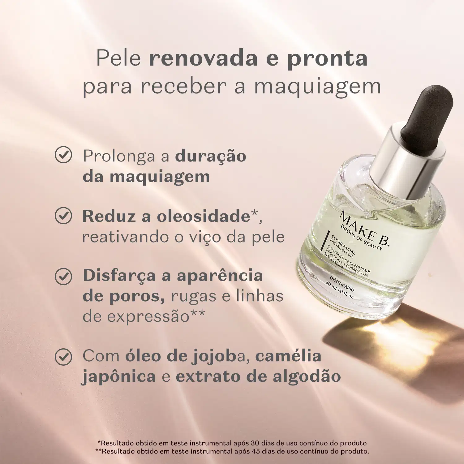 Elixir facial da marca Make B. Drops of Beauty em frasco transparente com um conta-gotas preto no topo. O produto está em fundo bege e contém texto em preto informando as características e benefícios do produto.
