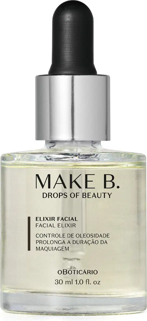 O produto mostrado na imagem é um elixir facial da marca Make B. Drops of Beauty. O frasco é de vidro transparente com um conta-gotas preto no topo. O rótulo do produto apresenta a marca e informações sobre o produto em português.