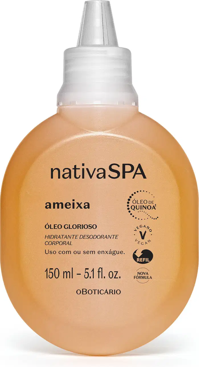 Imagem de uma embalagem refil na cor amarela com tampa branca e letras pretas contendo 150ml de óleo glorioso corporal da marca Nativa SPA Ameixa.
