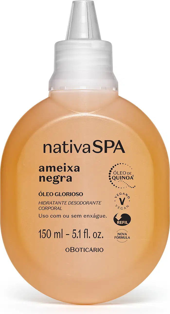 Imagem de uma embalagem refil na cor amarela com tampa branca e letras pretas contendo 150ml de óleo glorioso hidratante desodorante corporal da marca Nativa SPA Ameixa Negra.