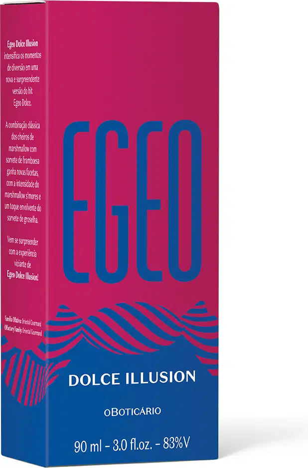 Imagem da caixa do desodorante colônia Egeo Dolce Illusion nas cores azul e rosa, com letras azuis e brancas. A embalagem traz um desodorante colônia de 90ml.