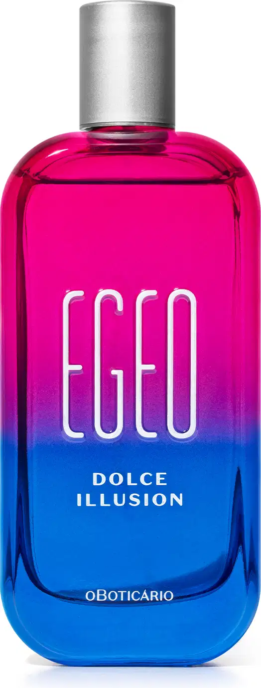 Imagem de um recipiente de vidro rosa e azul, com tampa prateada e rótulo em branco exibindo "Egeo Dolce Illusion". A embalagem traz 90ml de produto. Sugere uma fragrância moderna e jovial.