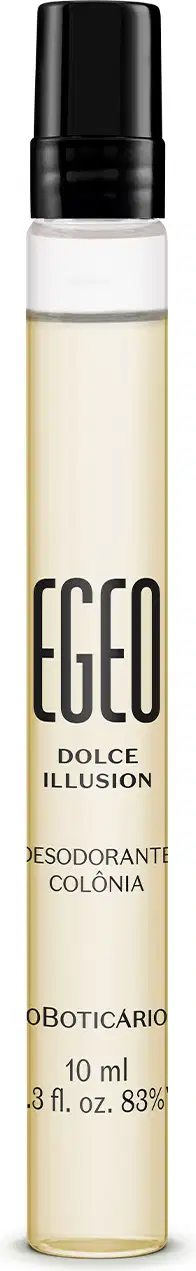 Imagem de um frasco cilíndrico de 10ml contendo desodorante colônia Egeo Dolce Illusion. A embalagem é transparente com líquido claro, e traz tampa e rótulo pretos.