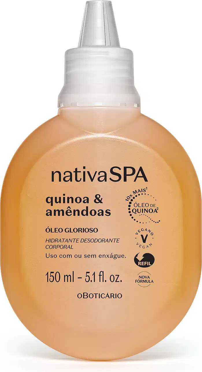 Imagem de uma embalagem refil na cor amarela com tampa branca contendo150ml de óleo glorioso corporal da marca Nativa SPA Quinoa e Amêndoas.