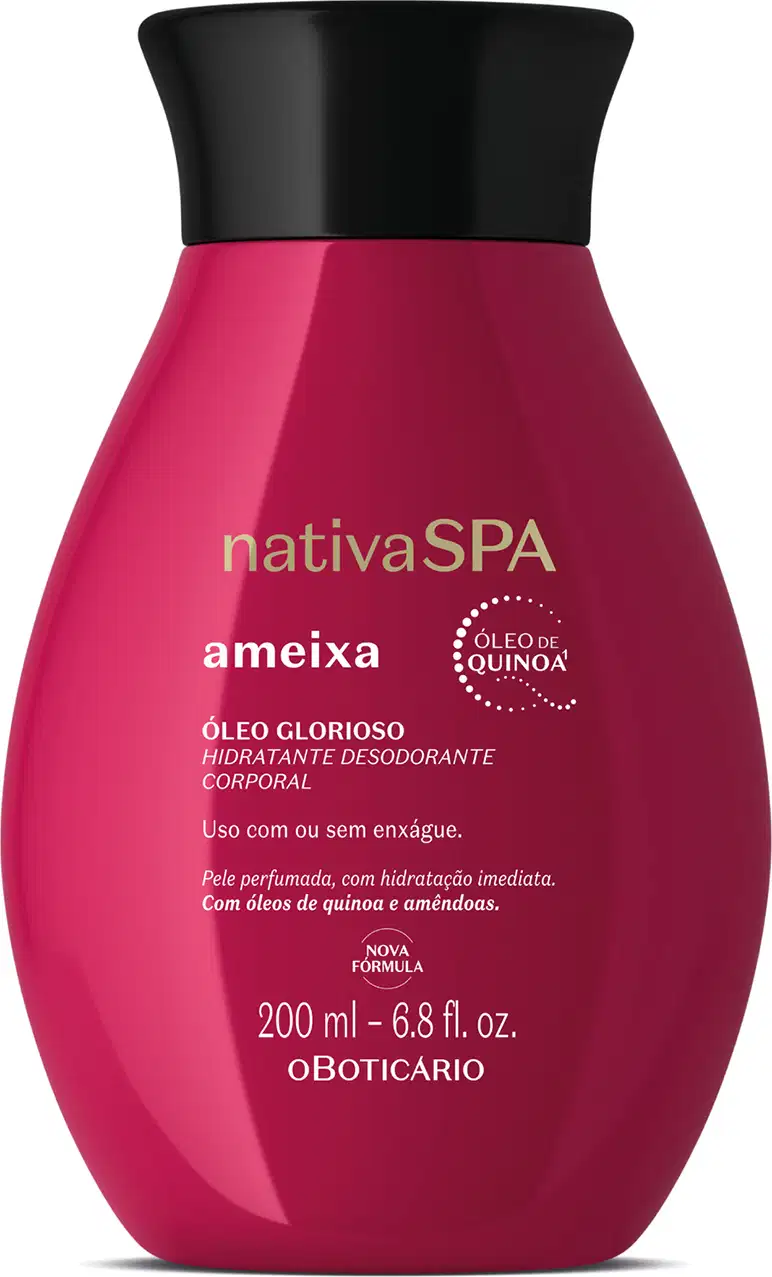 Imagem de um frasco de óleo glorioso hidratante corporal da marca Nativa SPA, na cor vermelha, com rótulo em letras brancas exibindo o nome "Ameixa" e informações sobre o produto.
