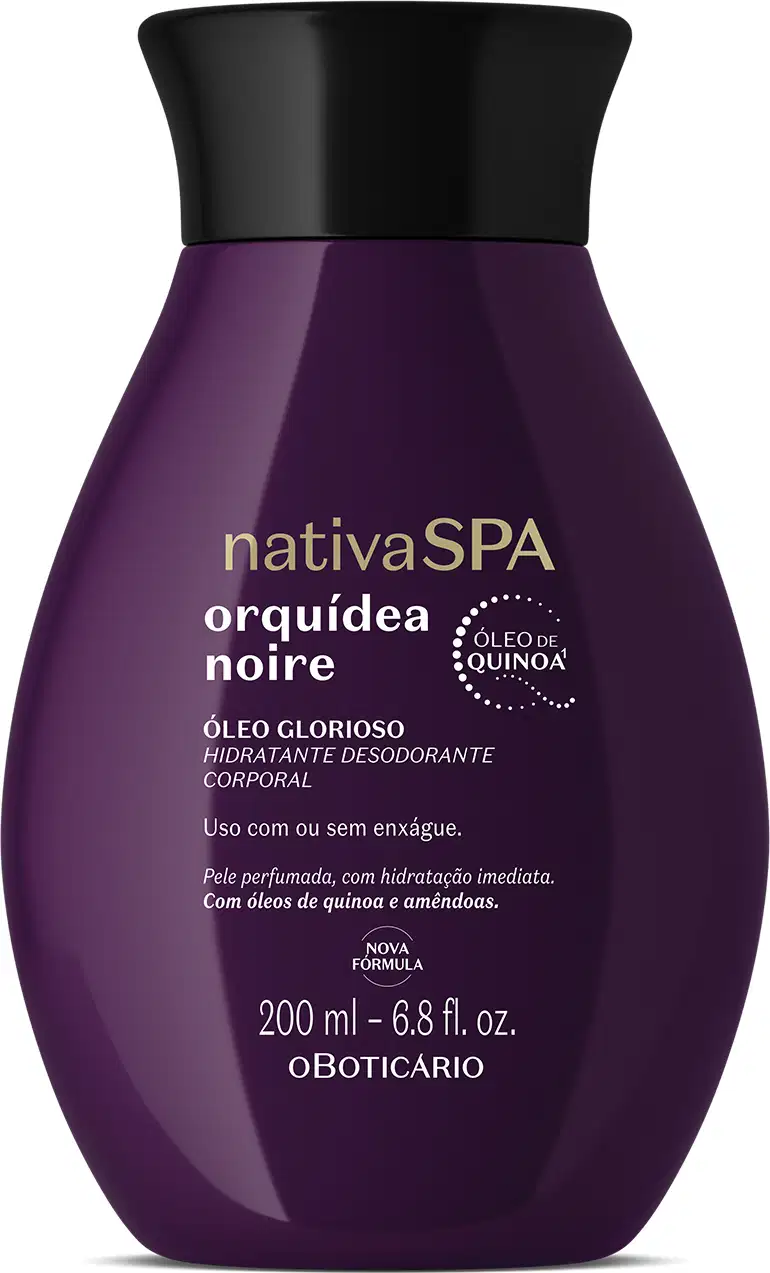 Imagem de um frasco de óleo glorioso hidratante corporal da marca Nativa SPA, na cor roxa escura, com rótulo em letras douradas exibindo o nome "Orquídea Noire" e informações sobre o produto.