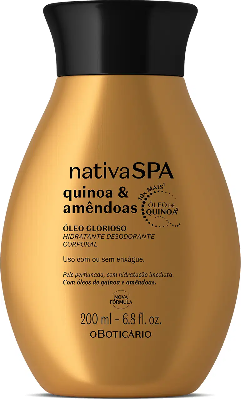 Imagem de um frasco de óleo glorioso hidratante corporal da marca Nativa SPA, na cor dourada, com rótulo em letras pretas exibindo o nome "Quinoa e Amêndoas" e informações sobre o produto.