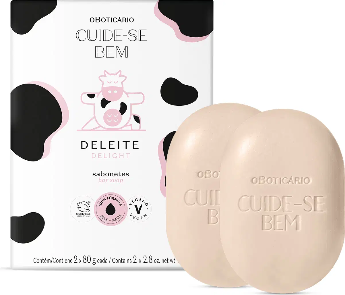 Imagem de caixa branca com manchas pretas e detalhes rosa da marca Cuide-se Bem Deleite e dois sabonetes em barra em tom rosado da mesma marca.