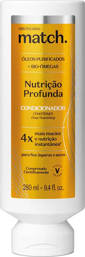 Imagem de um frasco branco do Condicionador Match Fonte da Nutrição contendo rótulo laranja com detalhe prateado e informações sobre o produto e seus benefícios impressas em letras amarelas e pretas.