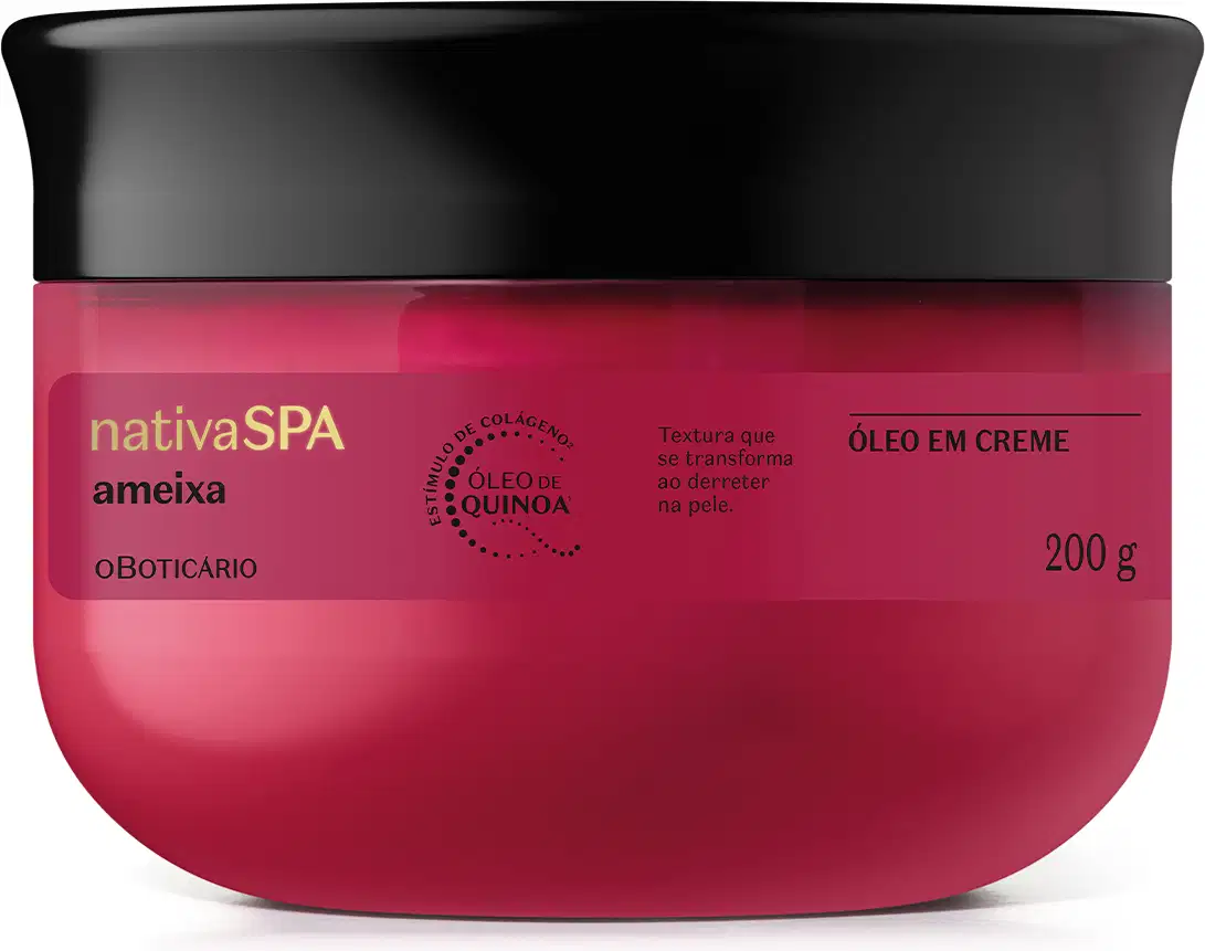 Pote rosa vibrante com tampa e letras pretas com rótulo da marca Nativa SPA Ameixa, contendo 200g de óleo em creme para o corpo com textura que se transforma ao aplicar na pele.