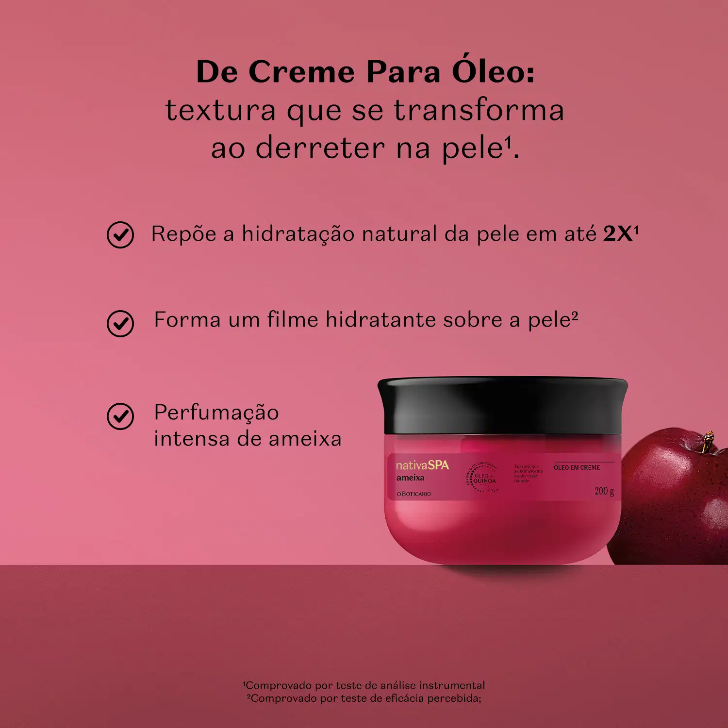 Pote rosa e preto de óleo em creme para o corpo da marca Nativa SPA Ameixa em fundo rosa, com texto sobre suas propriedades hidratantes e perfumação intensa.