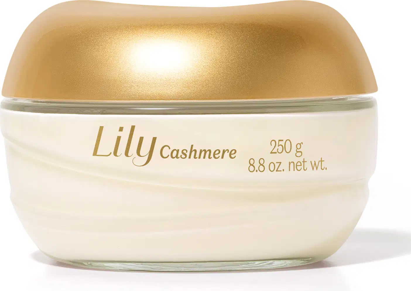Imagem de pote contendo creme acetinado hidratante corporal da marca Lily. A embalagem é branca, com tampa e rótulo dourados e traz 250g de produto.
