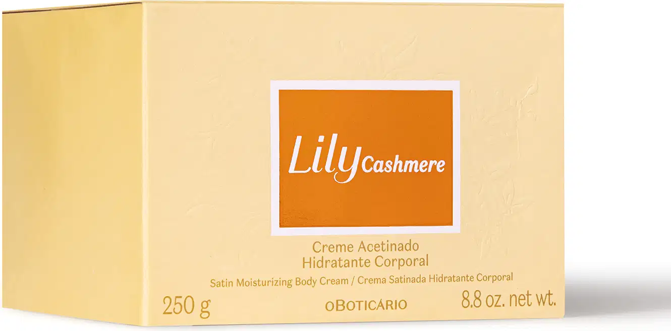 Imagem de uma caixa amarela com rótulo laranja e logotipo da marca Lily Cashmere contendo creme hidratante corporal em embalagem branca com tampa dourada de 250g.