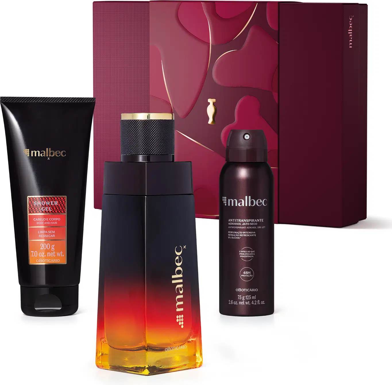 Kit de produtos da marca Malbec X, incluindo frasco de desodorante colônia preto e dourado, bisnaga de gel de banho preta com rótulo vermelho, embalagem preta com letras douradas de antitranspirante aerossol jato seco e caixa vinho com detalhe dourado.