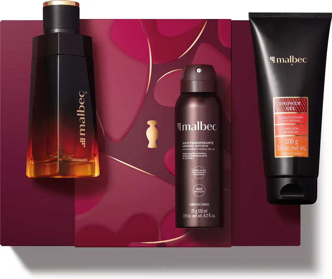Kit de produtos da marca Malbec X, incluindo frasco de desodorante colônia preto e dourado, bisnaga de gel de banho preta com rótulo vermelho, embalagem preta com letras douradas de antitranspirante aerossol jato seco e caixa vinho com detalhe dourado.