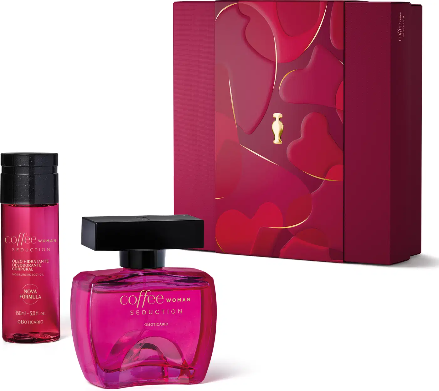 Produtos da marca Coffee Woman Seduction, incluindo um frasco de desodorante colônia feminino, frasco de óleo hidratante corporal, ambos com líquido rosa e tampa preta, e uma caixa de presente vermelha com detalhes dourados.