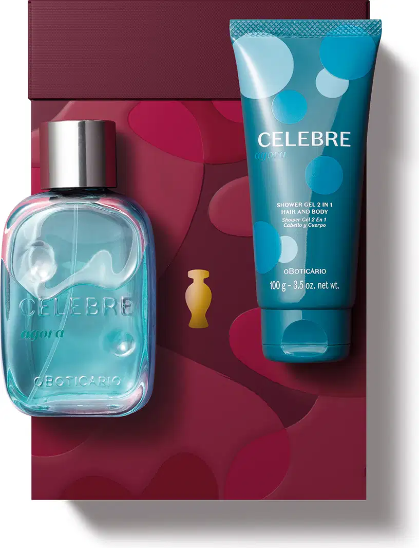 Produtos da marca Celebre, sendo uma bisnaga azul com bolas azul-claro com 100g de shower gel 2 em 1 e um vidro transparente com líquido azul claro e tampa prateada de desodorante colônia da linha Celebre Agora, além de caixa vermelha com detalhe dourado.
