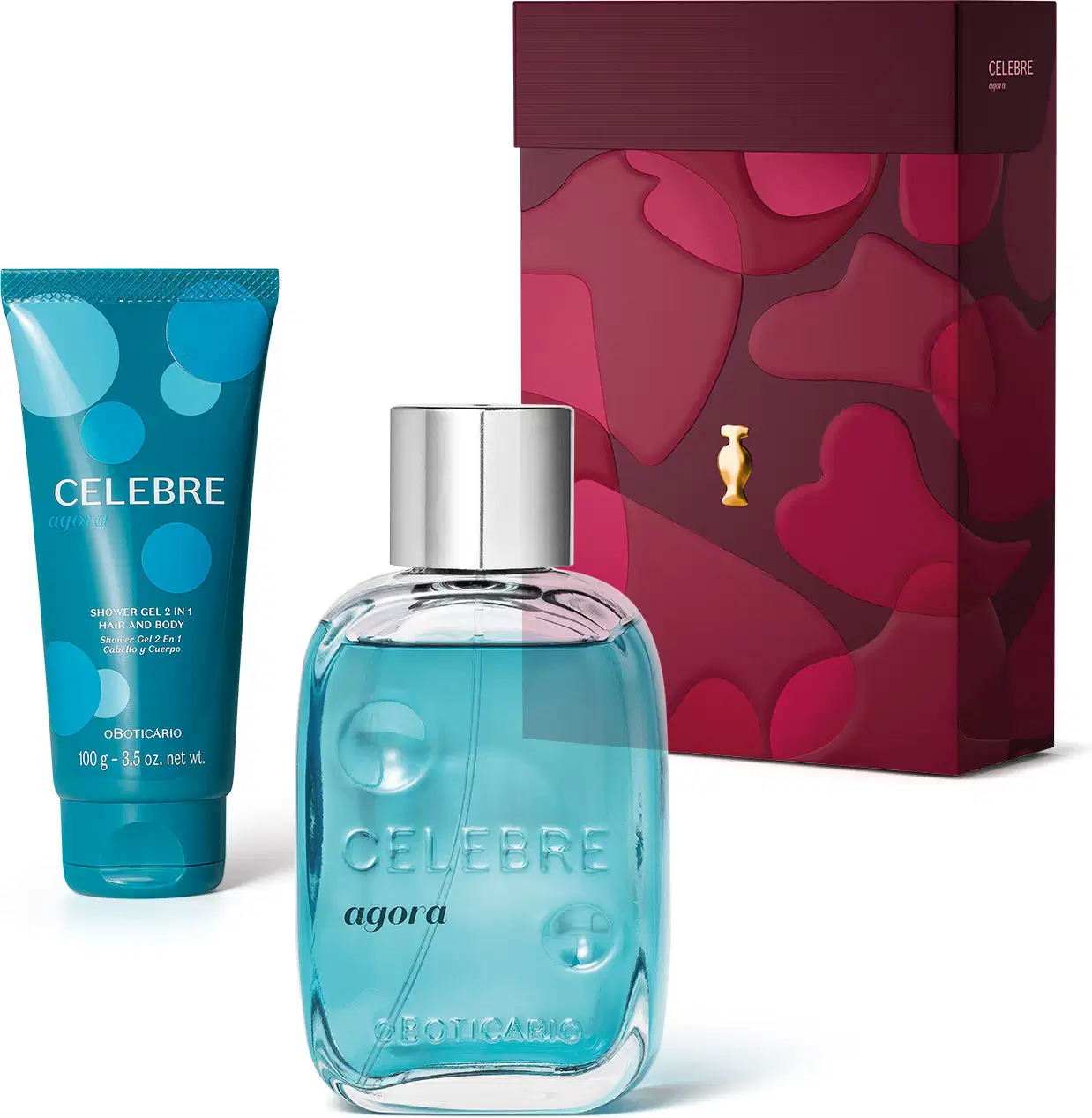Produtos da marca Celebre, sendo uma bisnaga azul com bolas azul-claro com 100g de shower gel 2 em 1 e um vidro transparente com líquido azul claro e tampa prateada de desodorante colônia da linha Celebre Agora, além de caixa vermelha com detalhe dourado.