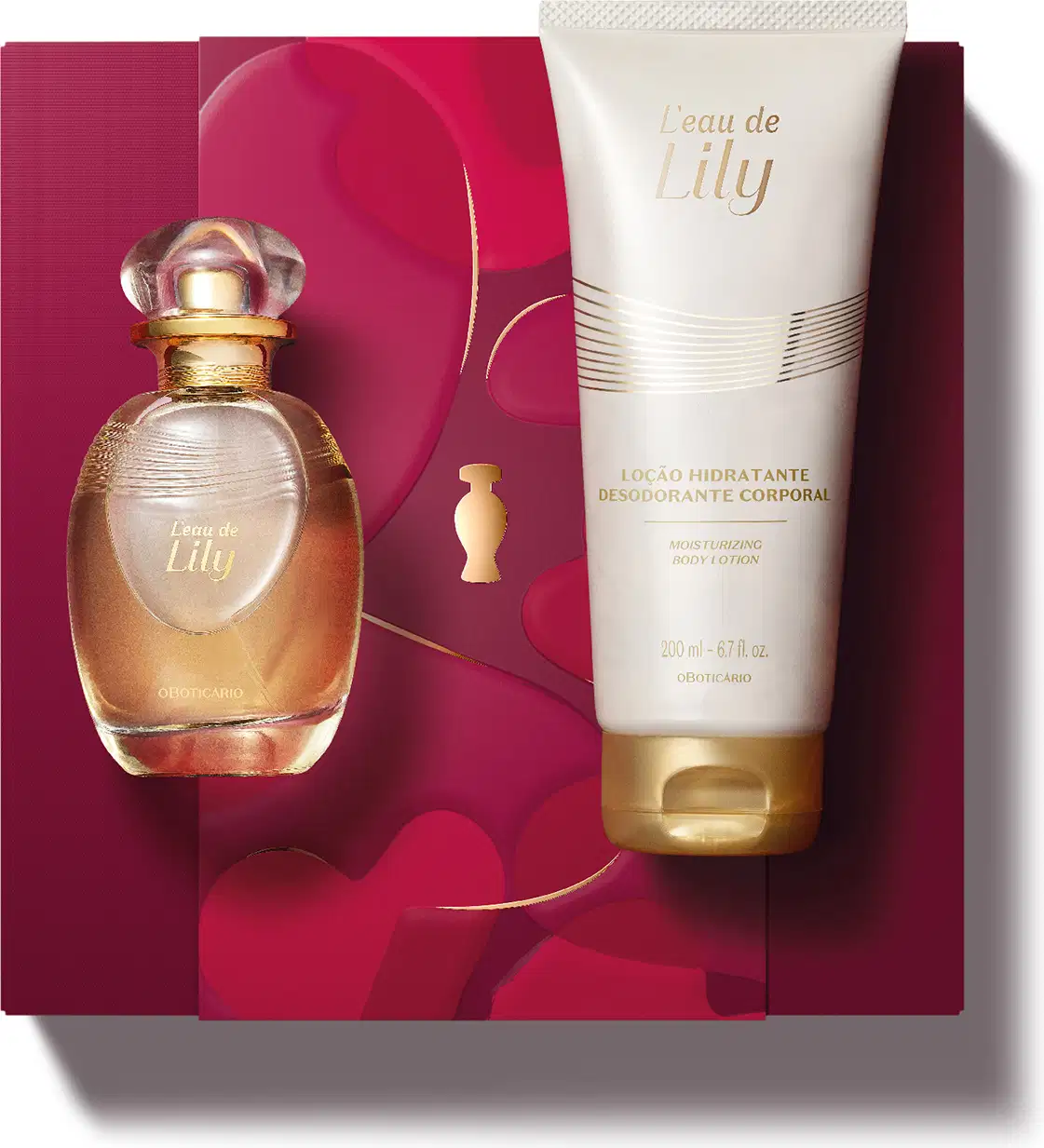 Kit de produtos da marca Lily, incluindo um frasco com líquido rosa e detalhes dourados de desodorante colônia e um tubo branco com dourado de loção hidratante corporal, acompanhados de uma caixa vinho com detalhes dourados.