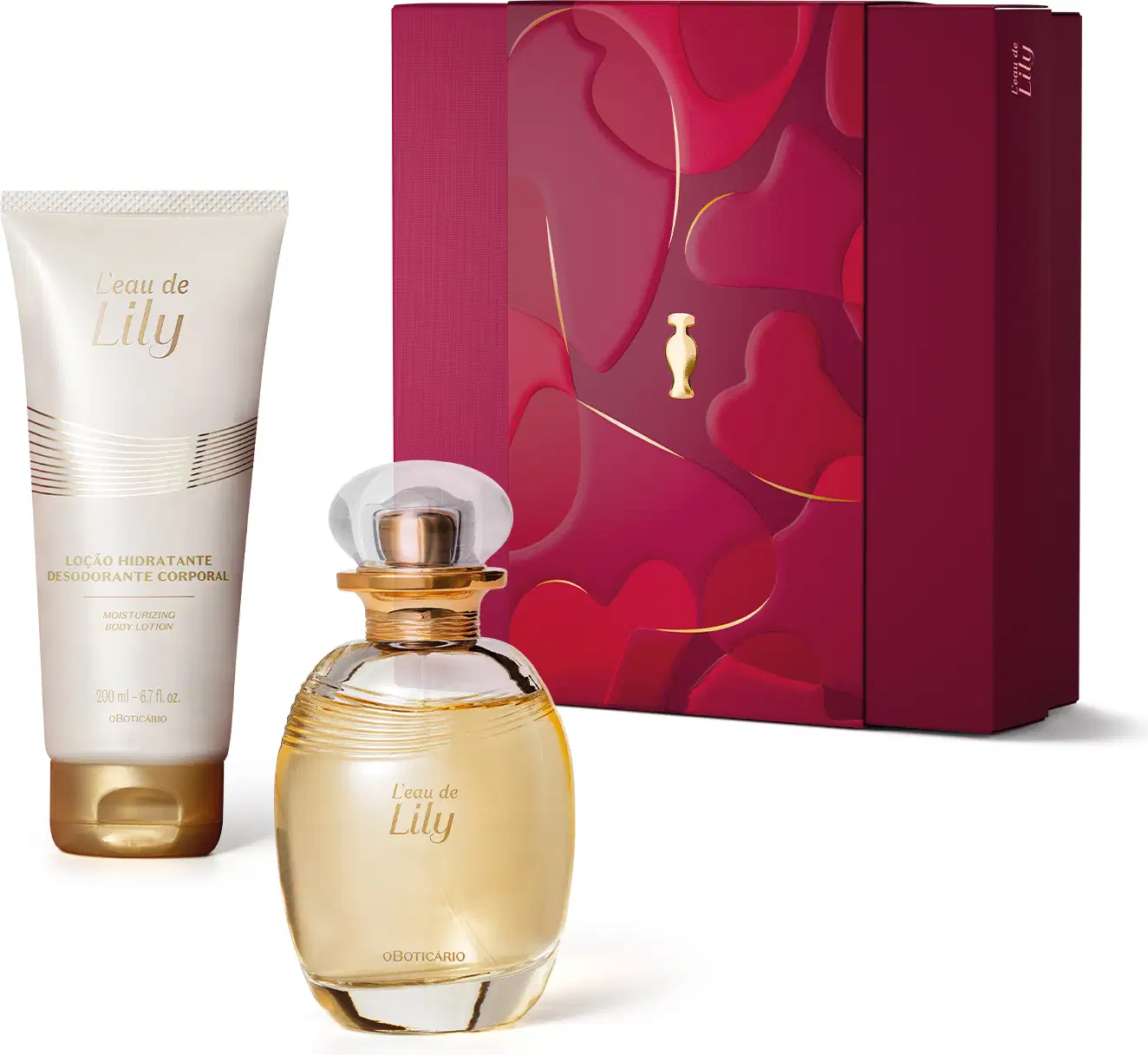 Kit de produtos da marca Lily, incluindo um frasco com líquido rosa e detalhes dourados de desodorante colônia e um tubo branco com dourado de loção hidratante corporal, acompanhados de uma caixa vinho com detalhes dourados.