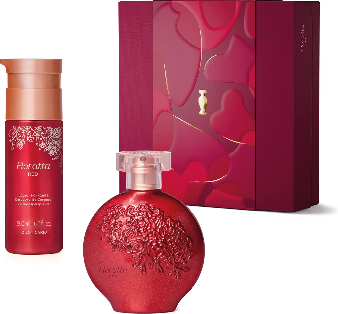 Kit de produtos Floratta Red, incluindo um frasco vermelho com tampa dourada de loção hidratante corporal e um desodorante colônia, em embalagem vermelha arredondada com detalhes florais em relevo, além de uma caixa vinho com detalhe dourado