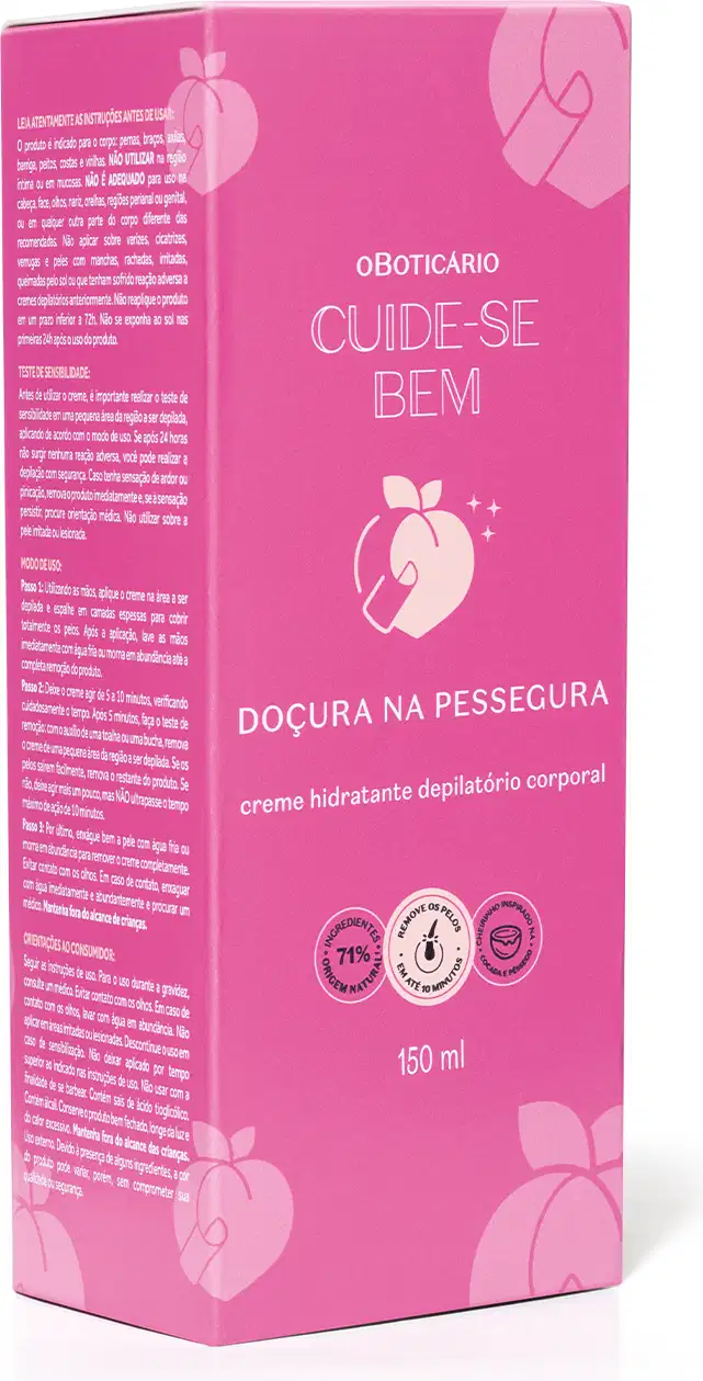 Caixa pink de creme hidratante depilatório corporal da marca Cuide-se bem Doçura na Pessegura com ilustrações de frutas.