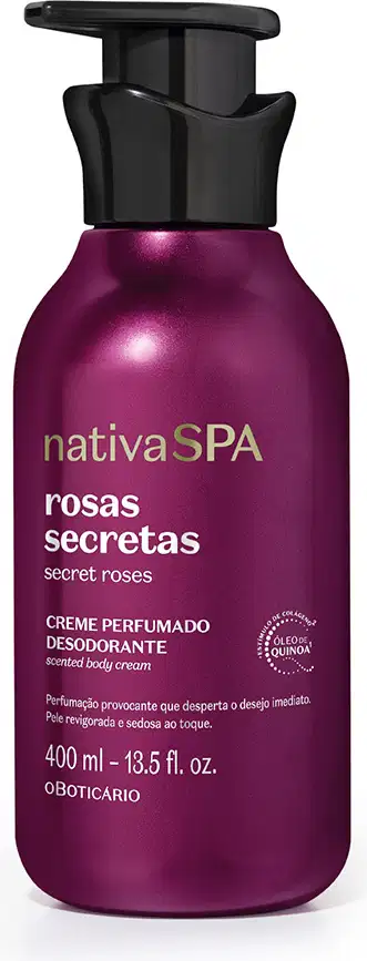 Frasco de creme perfumado desodorante da marca Nativa SPA, com rótulo em tom roxo e dourado, indicando o produto "Rosas Secretas". O frasco possui um design moderno com um dispensador preto na parte superior.