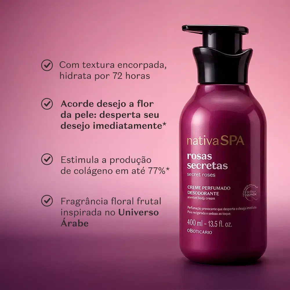 Embalagem roxa com tampa preta do creme corporal Nativa SPA Rosas Secretas. Está em um fundo roxo e traz informações sobre a textura do produto, sobre sua fragrância e os benefícios que ela traz para a pele.