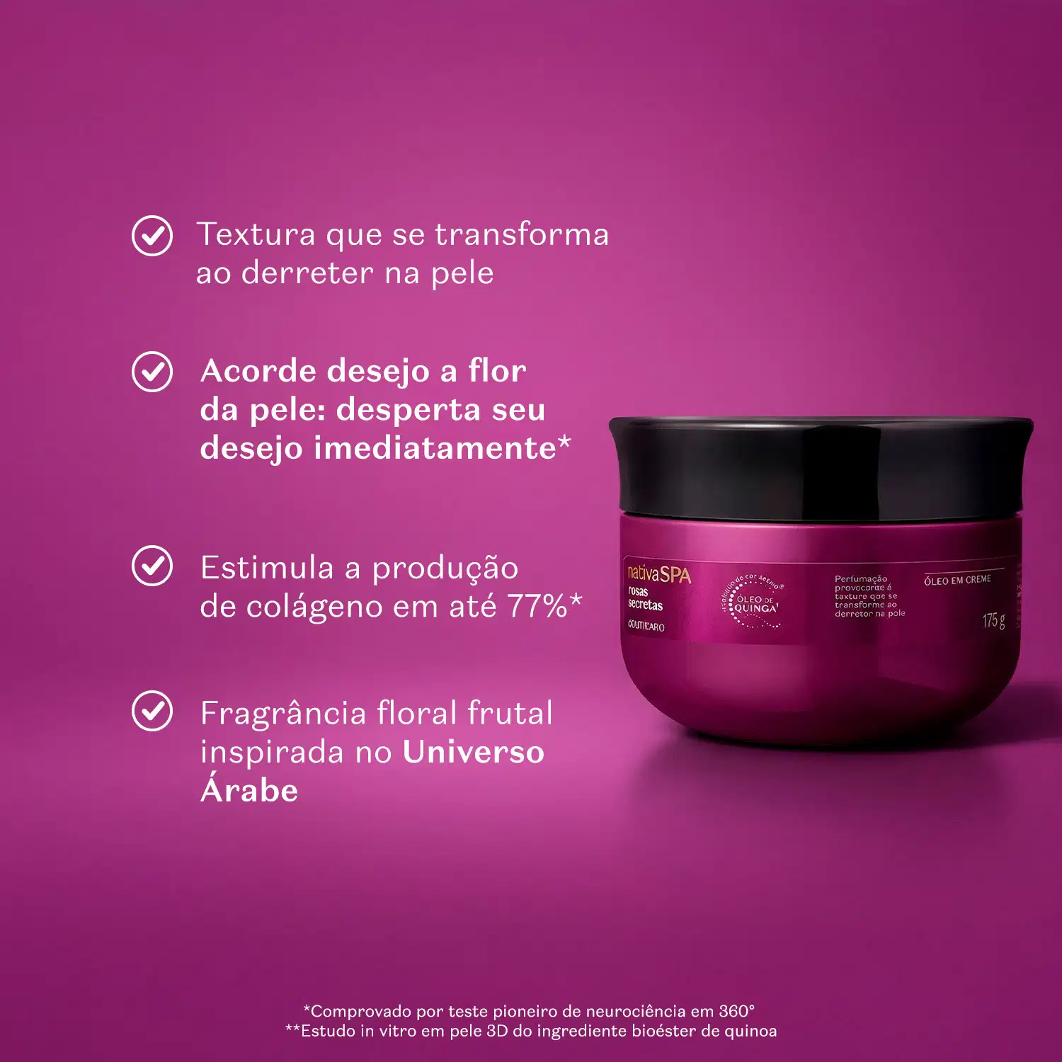 A embalagem roxa do produto está em um fundo também roxo e traz as informações: sobre a textura do produto. sobre a sua fragrância floral frutal e informa que o produto estimula a produção de colágeno em até 77%.