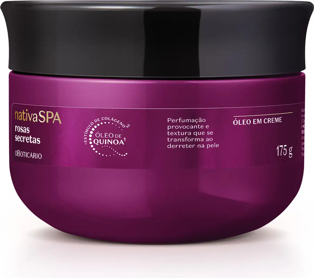 A imagem mostra um pote de óleo em creme da linha Nativa SPA Roas Secretas. A embalagem é toda roxa com tampa preta e informações sobre o produto impressas em letras brancas.