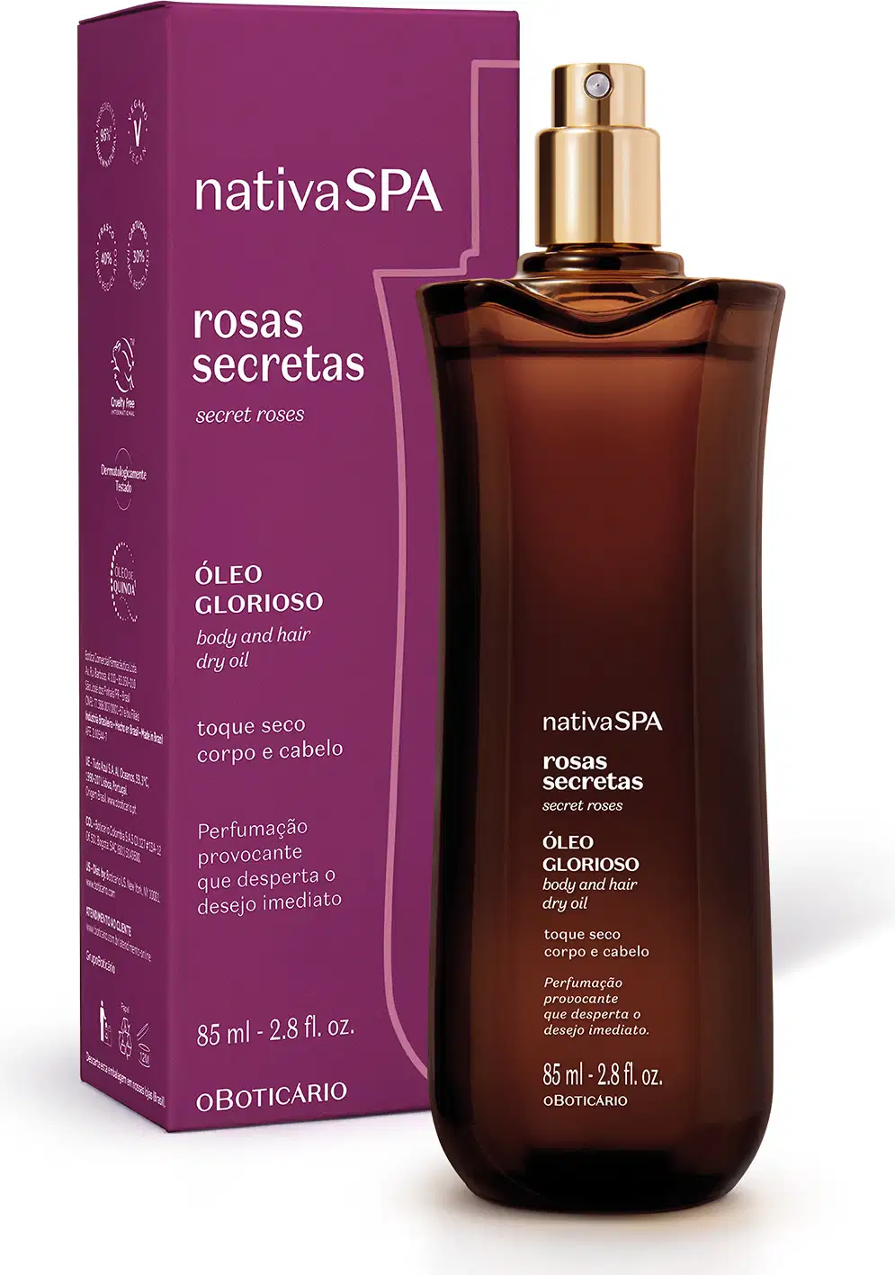 A imagem mostra um frasco roxo de óleo multifuncional da marca Nativa SPA Rosas Secretas. Ele possui borrifador dourado e, logo atrás, está a sua embalagem: uma caixa também roxa. As informações estão em letras brancas e douradas.