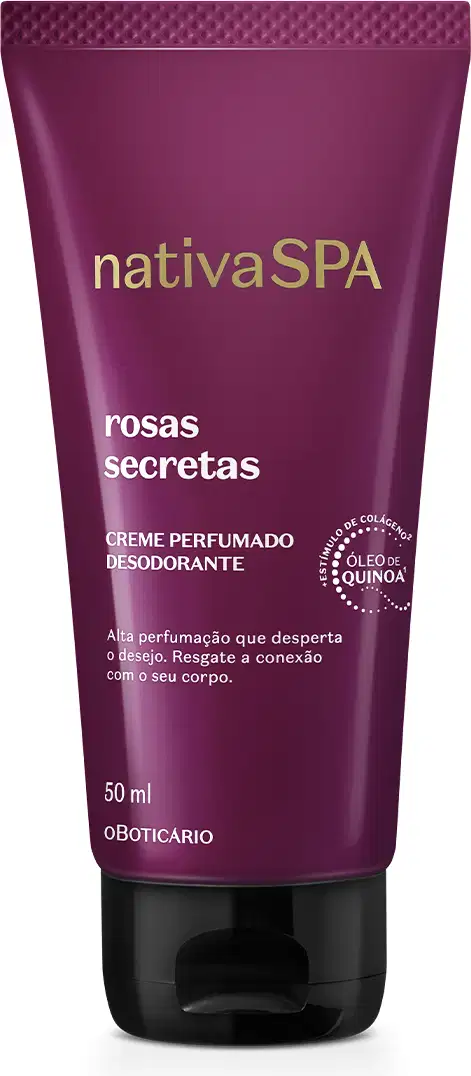 Bisnaga de creme perfumado desodorante corporal da linha Nativa SPA Rosas Secretas, na cor roxa com tampa preta, contendo texto com informações sobre o produto em branco na embalagem.