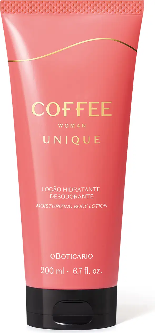 Imagem de uma bisnaga de loção hidratante desodorante corporal da linha Coffee Woman Unique, em embalagem rosa com tampa preta e detalhes dourados, como texto contendo informações sobre o produto e logo da marca.