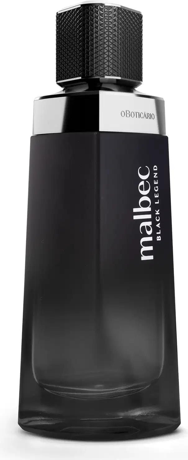 Imagem de um frasco de desodorando colônia preto com tampa preta e detalhes em prata. Rótulo com texto "Malbec Black Legend" em letras brancas. Formato retangular com superfície texturizada.