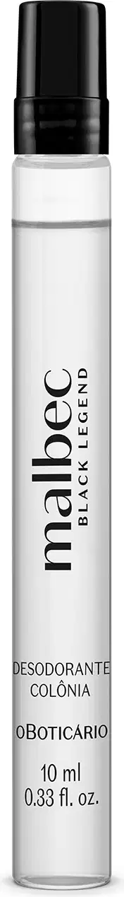 Imagem de frasco cilíndrico de vidro transparente com tampa preta, contendo desodorante colônia da marca Malbec Black Legend, com rótulo em letras pretas legíveis. A embalagem traz 10ml de produto da fragrância.